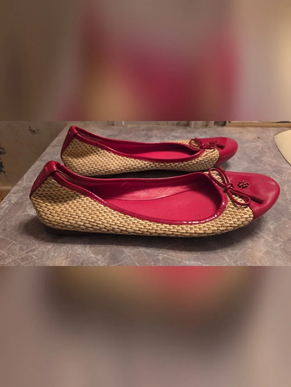 Tory Burch Red Patent Leather Bow Raffia Ballet Flats